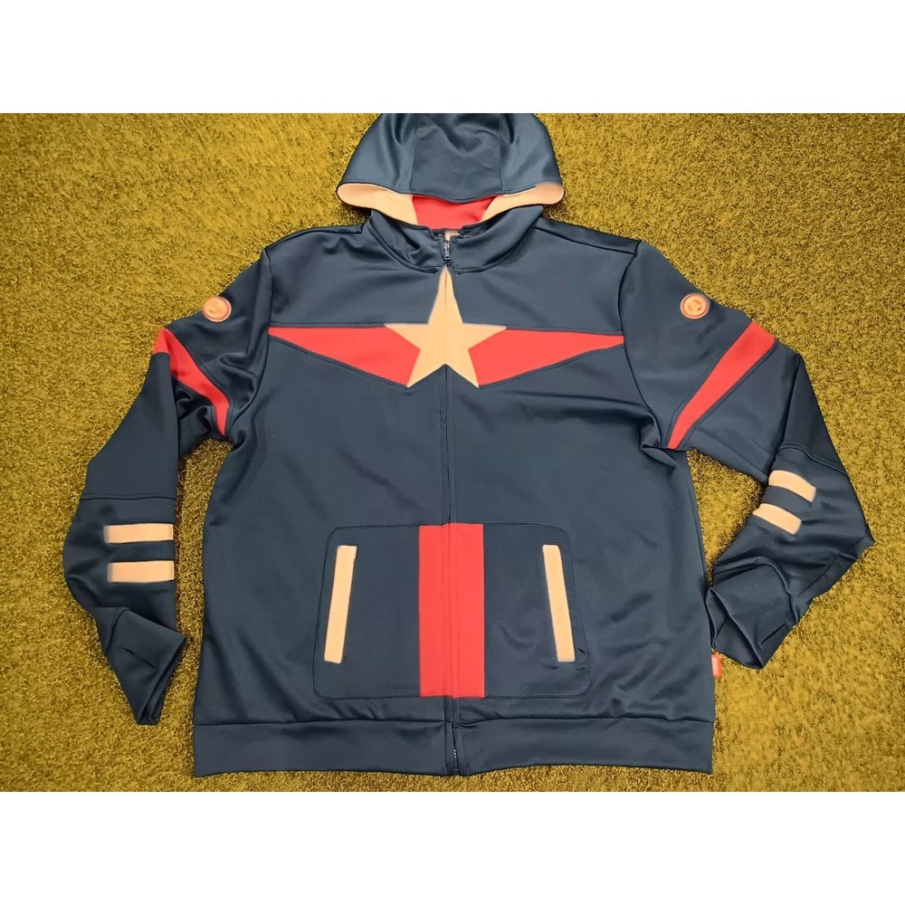 Disney Marvel Captain America Hoodie Mens 2XL‎ Blue Thumbhole Sleeve Full Zip
